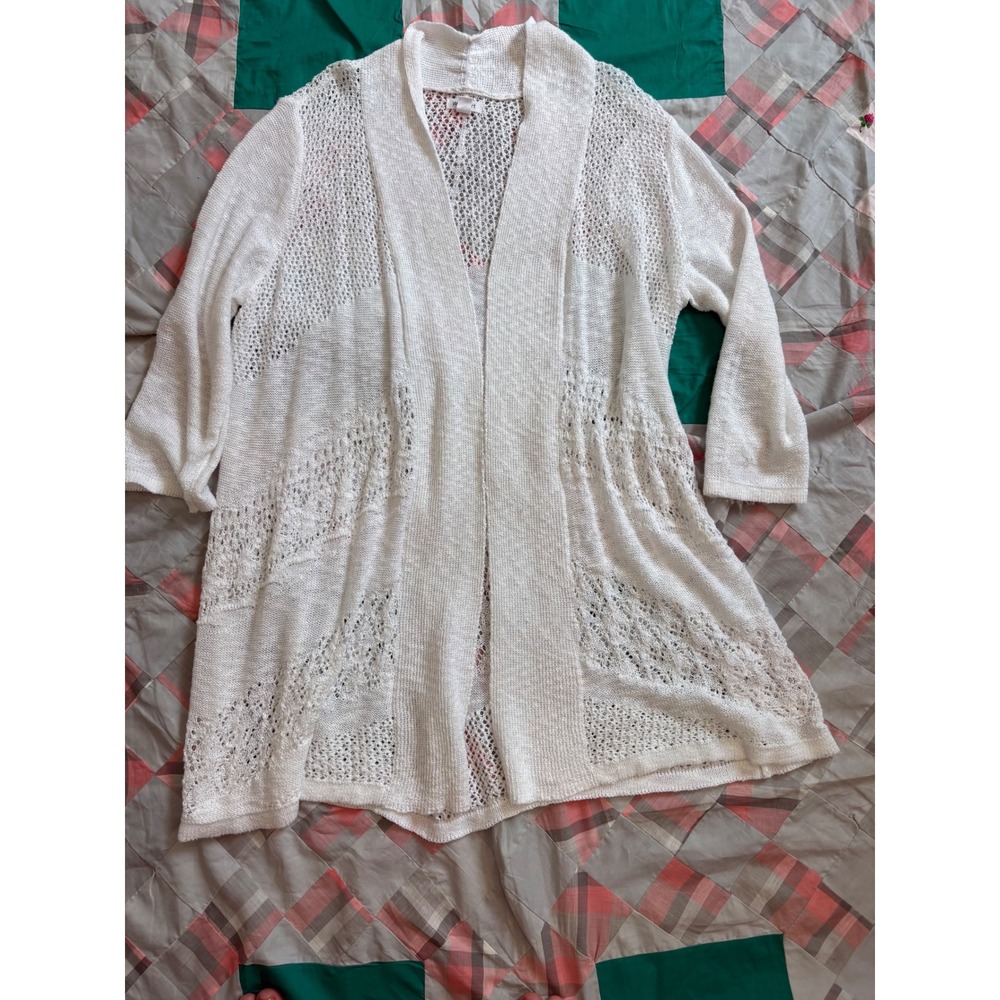 Westport Womens White Pointelle Open Front Cardigan Sweater 1X 3/4 Sleeve Shawl